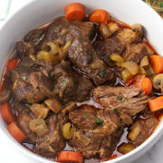 Braised beef in a bowl.