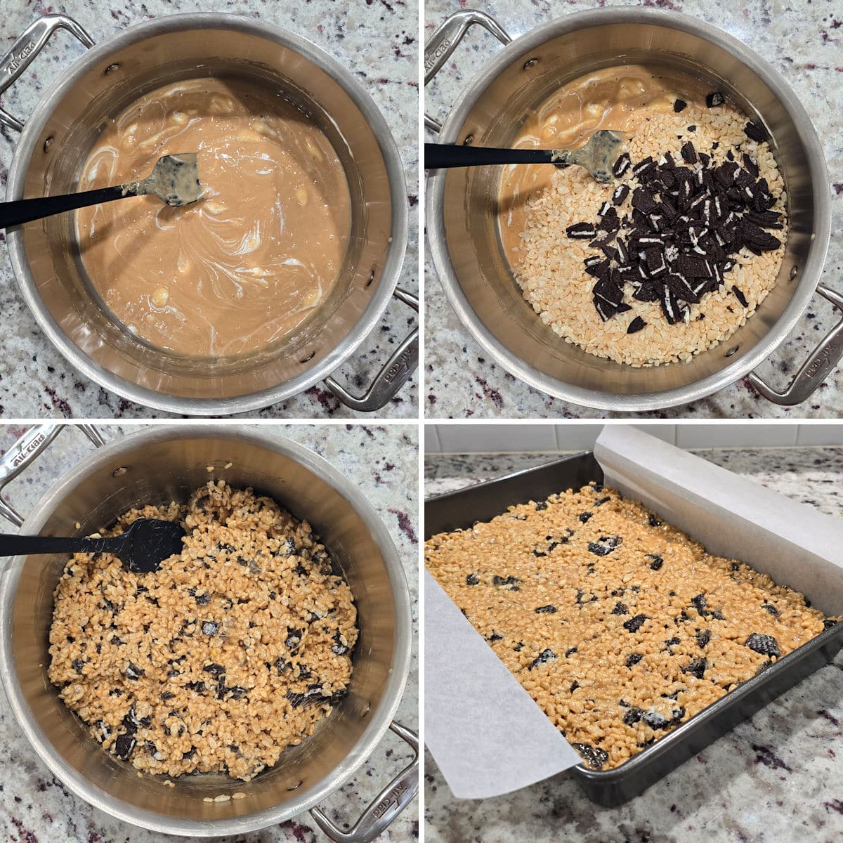 Making peanut butter Oreo rice krispies treats in a large pot.