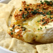 The gooey inside of garlic baked brie.
