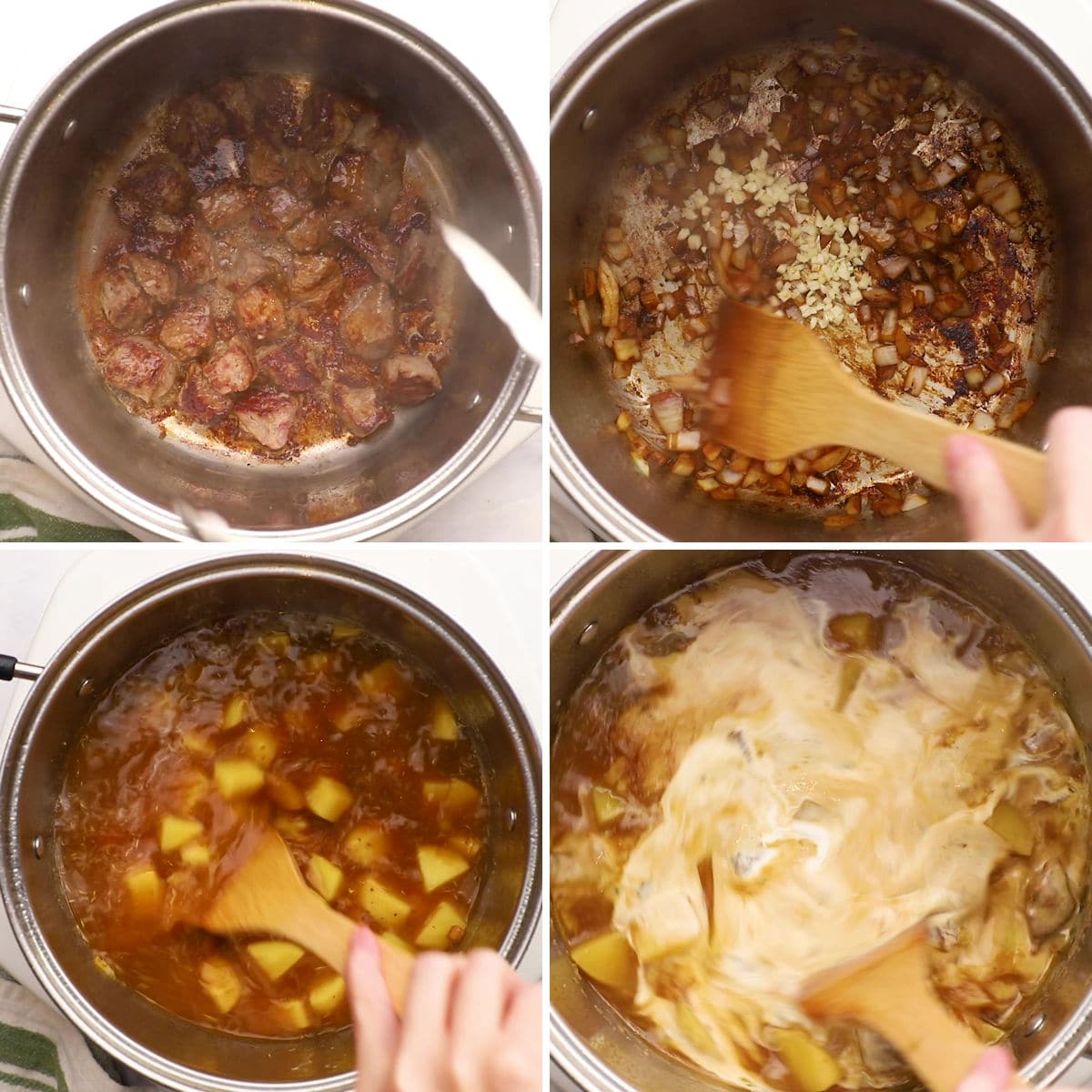 Making steak and potato soup in a stock pot.
