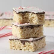 A stack of peppermint bark rice krispies treats.