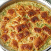 A pan of puff pastry chicken pot pie.