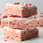 A stack of Valentine's day rice krispies treats.