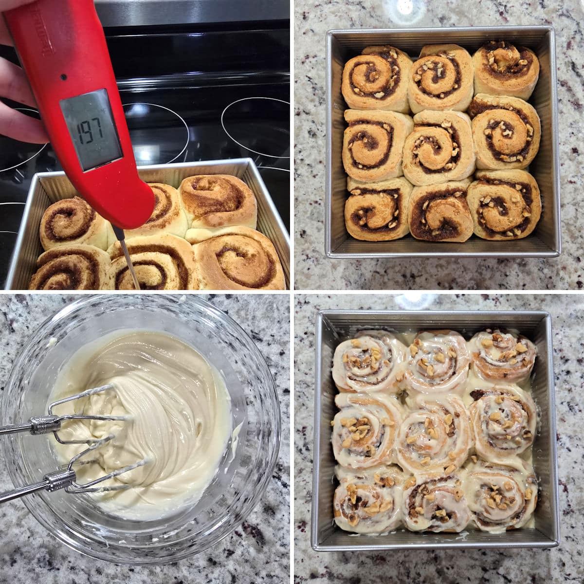 Baking and frosting banana bread cinnamon rolls.
