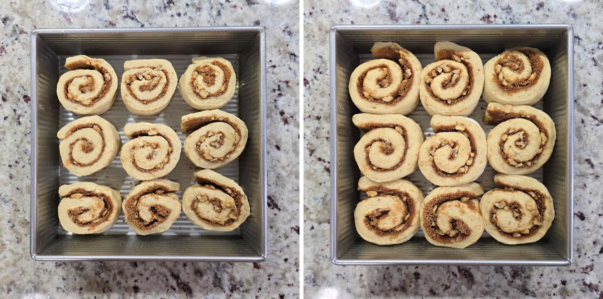 Before and after photos of banana bread cinnamon rolls rising in a greased pan.