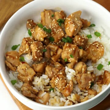 A bowl of teriyaki chicken and rice.
