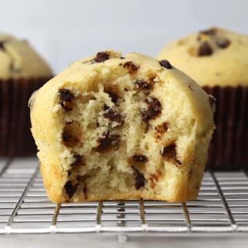 A split open chocolate chip muffin.