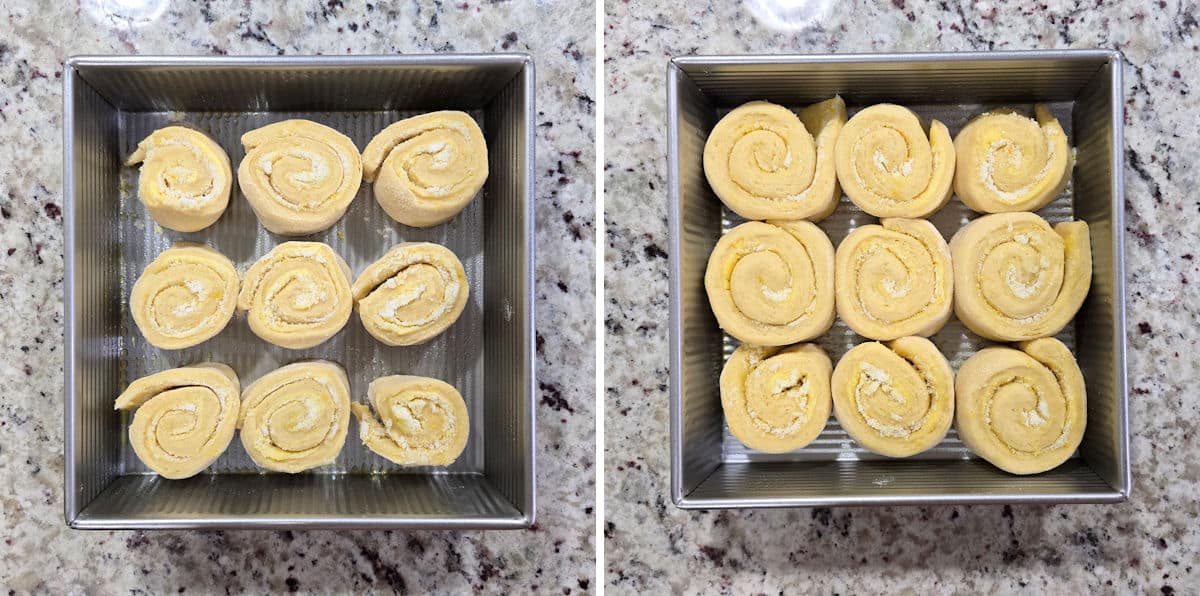 Photos show before and after allowing the sweet rolls to rise.