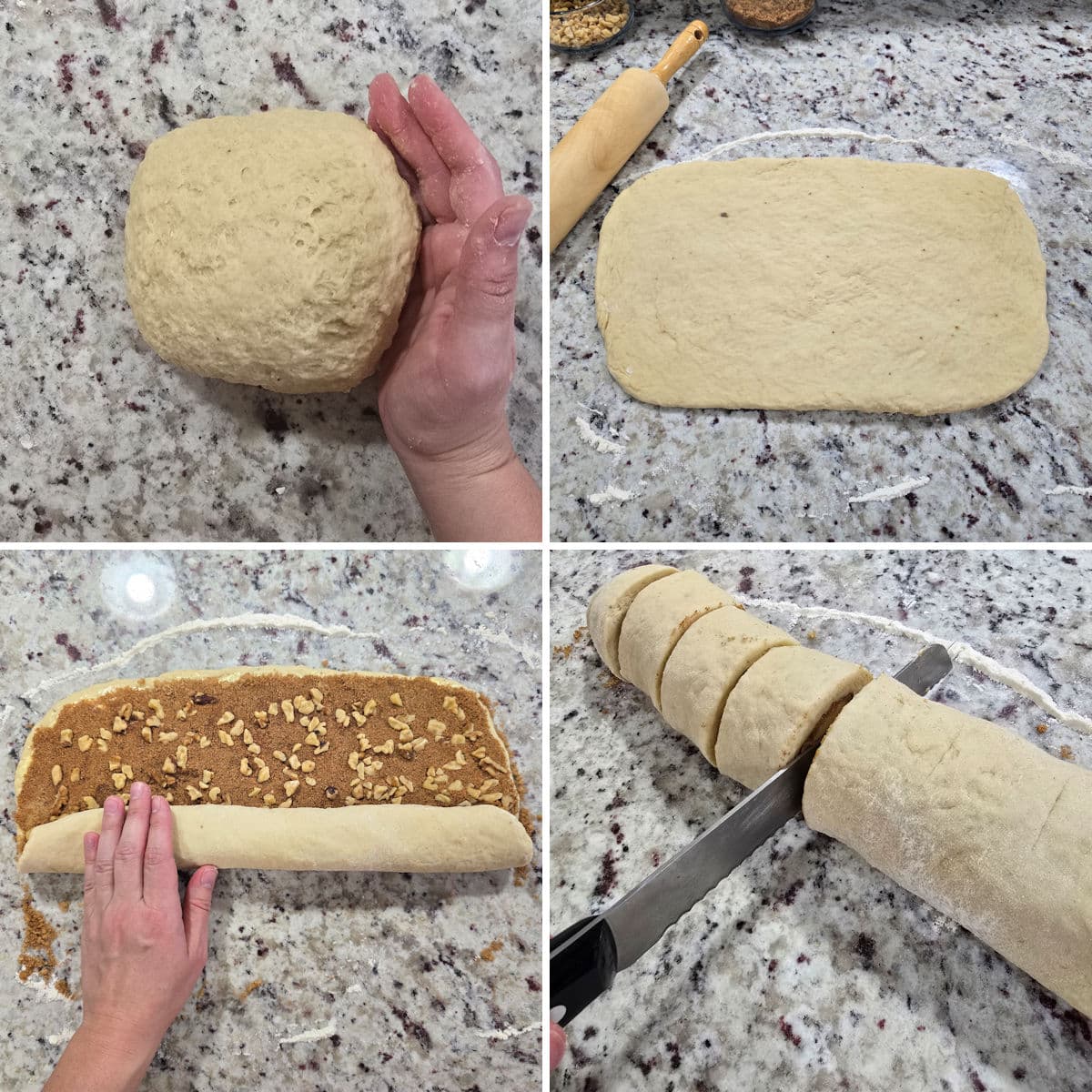 Rolling and cutting banana bread cinnamon rolls.
