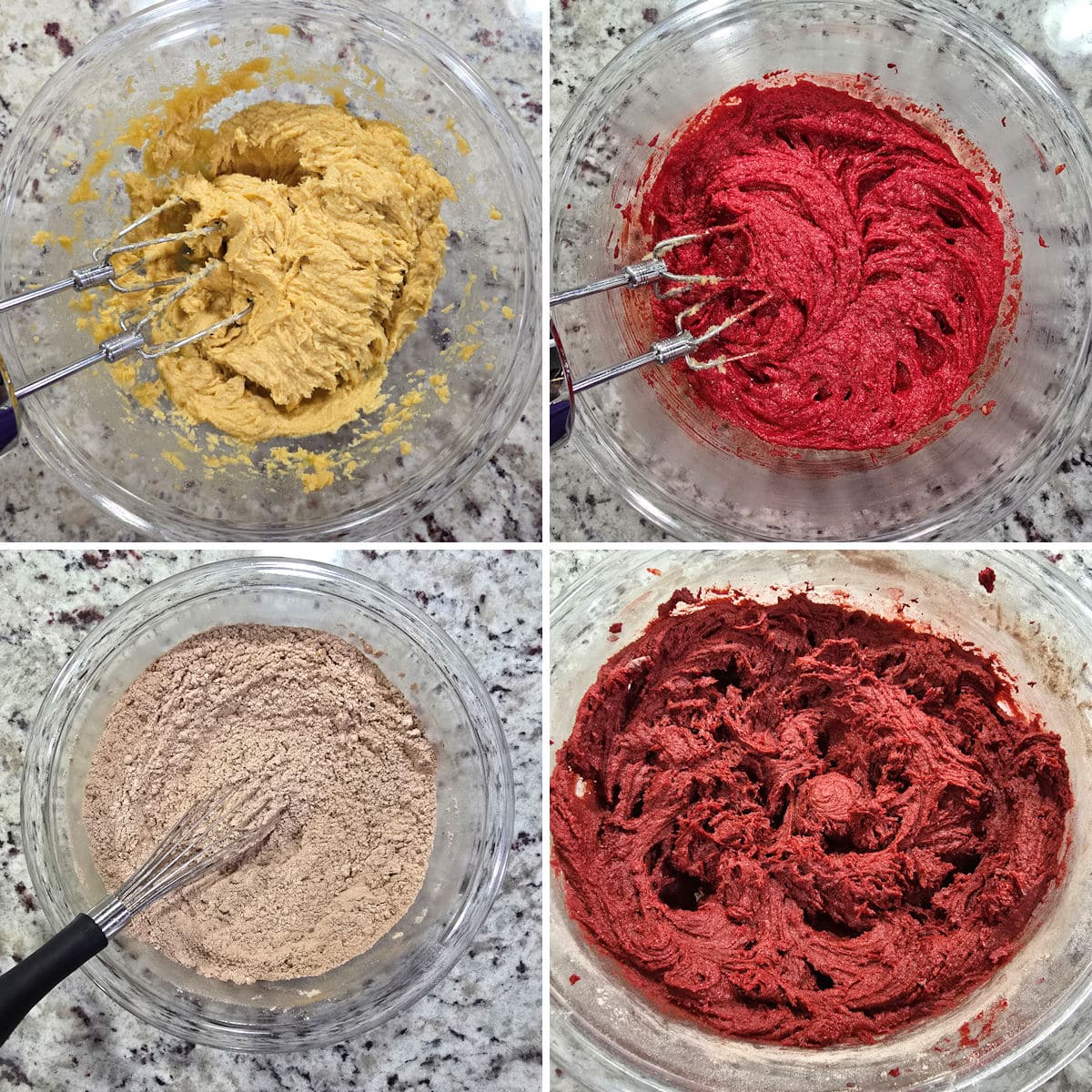 Mixing red velvet sugar cookie dough in a glass bowl.