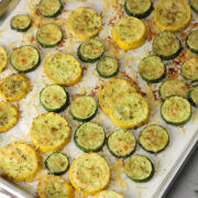 A sheet pan of roasted zucchini and squash.