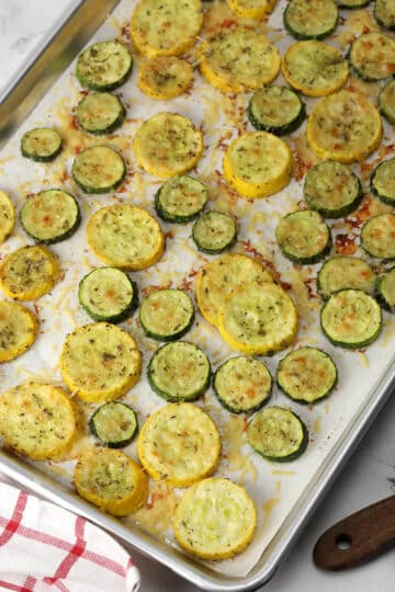 A sheet pan of roasted zucchini and squash.
