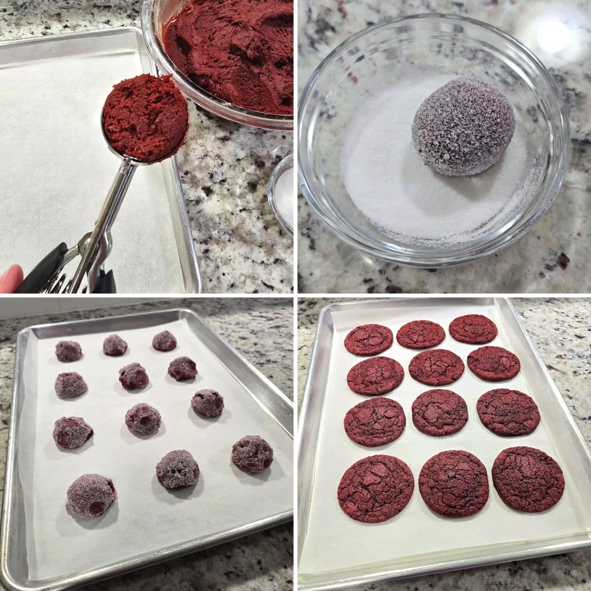 Rolling and baking red velvet sugar cookie dough.
