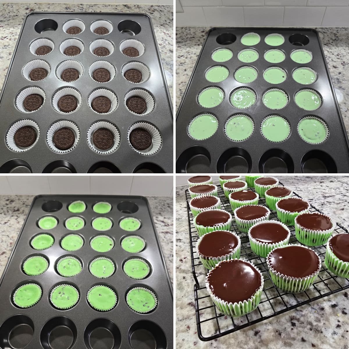 Baking mint chocolate chip mini cheesecakes.
