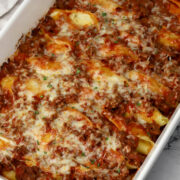 A casserole dish of beef stuffed shells.