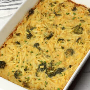 A baking dish of broccoli cheese breakfast casserole.