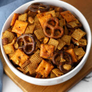 Overhead view of a bowl filled with buffalo ranch chex mix.