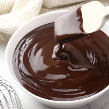 A bowl of glossy chocolate ganache.