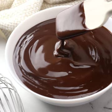 A bowl of glossy chocolate ganache.
