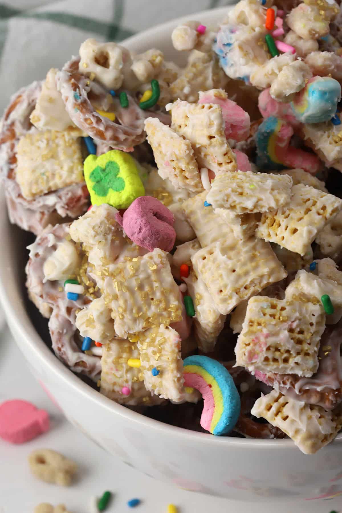 A closeup shot of leprechaun bait in a bowl.