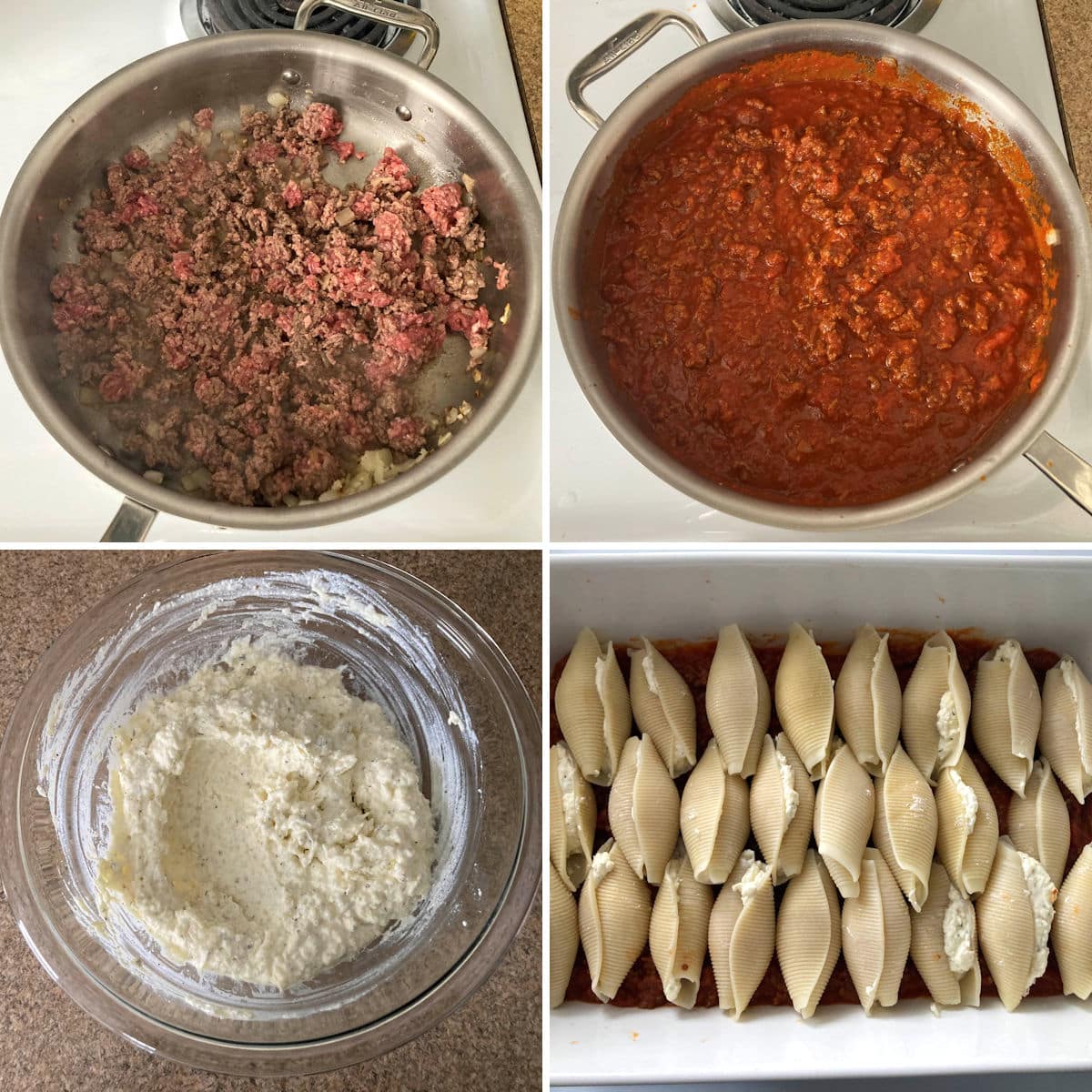 Making beef stuffed shells.