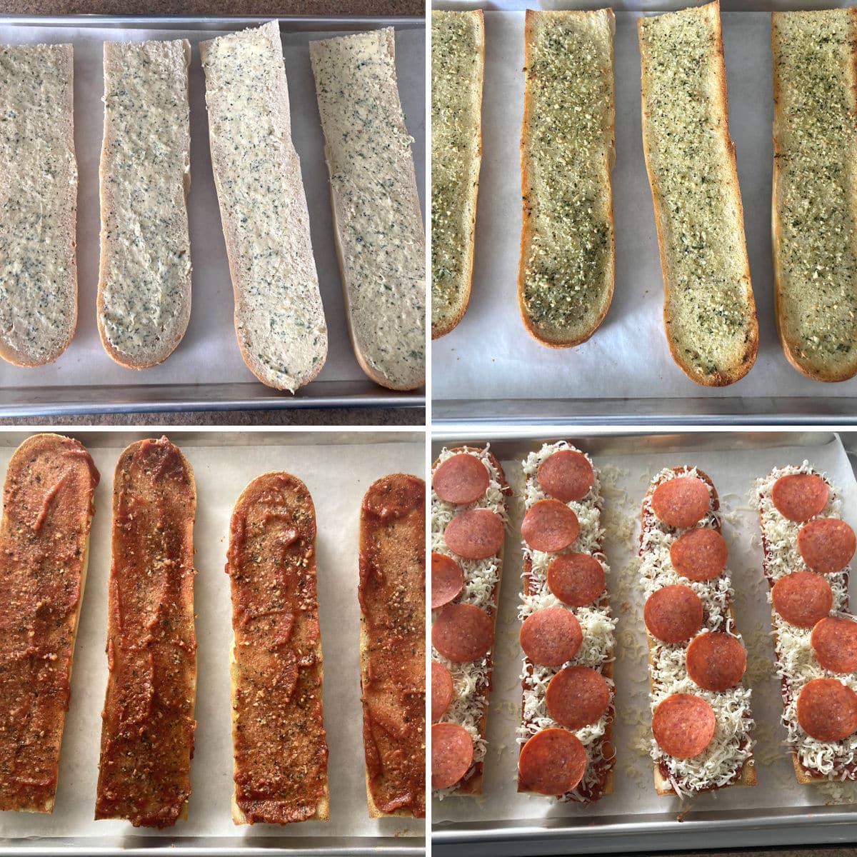 Making garlic bread pizza.