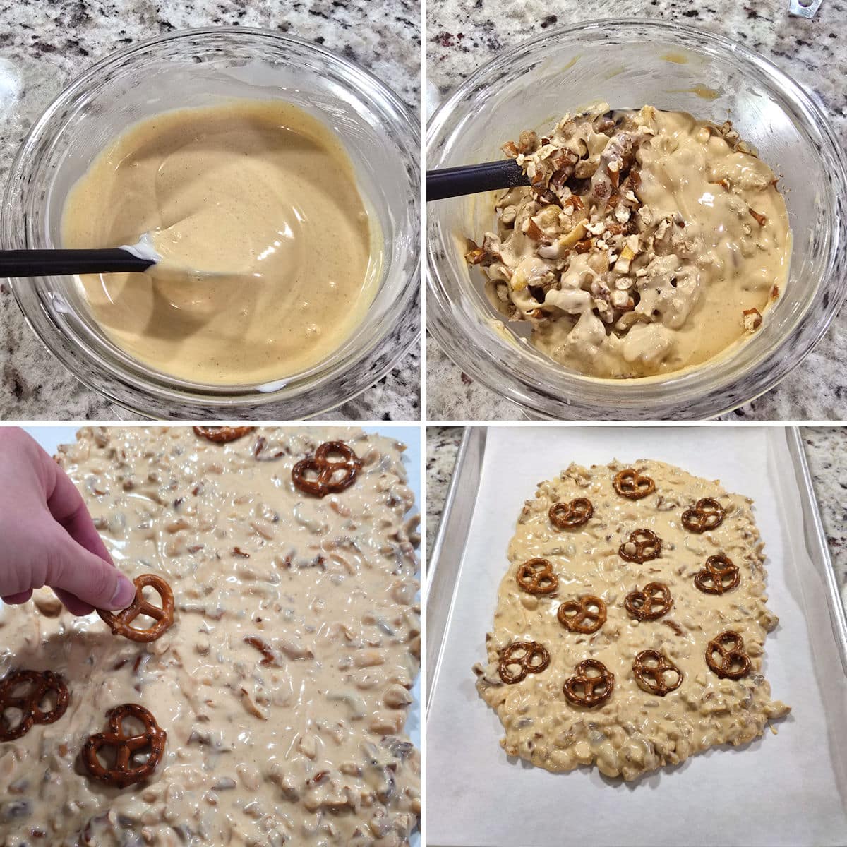 Making peanut butter pretzel bark.