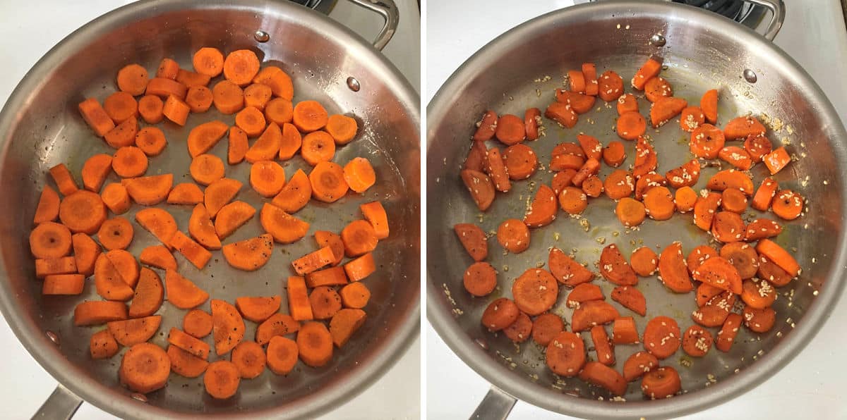 Making glazed carrots in a sauté pan on the stovetop.