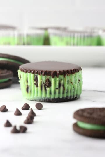 A mint chocolate chip mini cheesecake unwrapped on a cutting board.