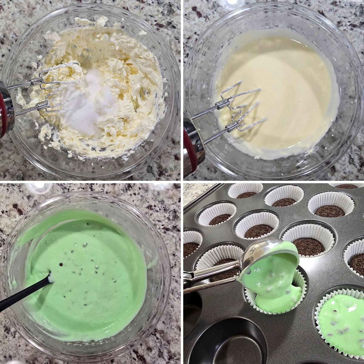 Mixing mint chocolate chip cheesecake batter.