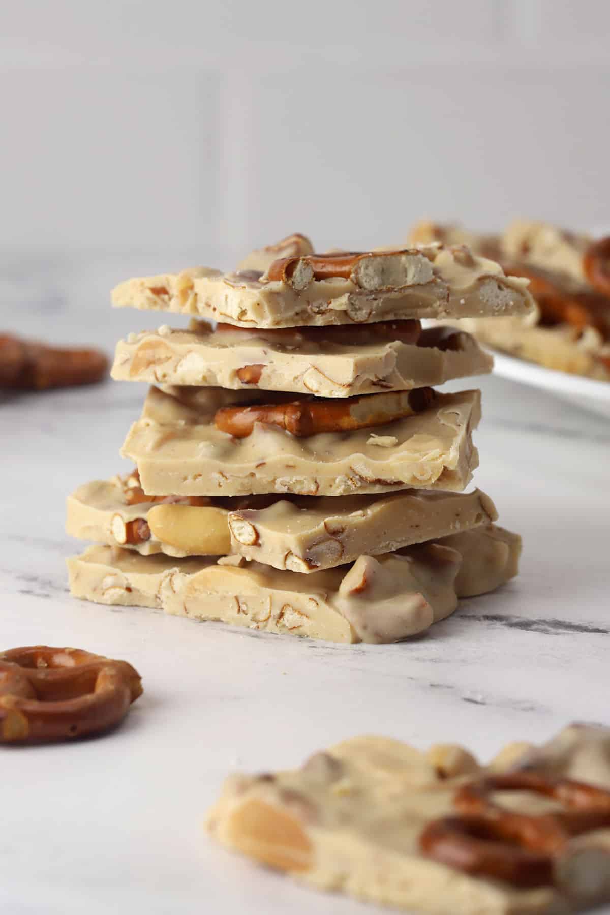 A stack of peanut butter pretzel bark.