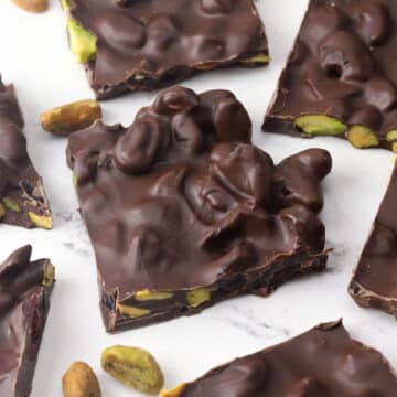 Squares of pistachio cranberry bark.
