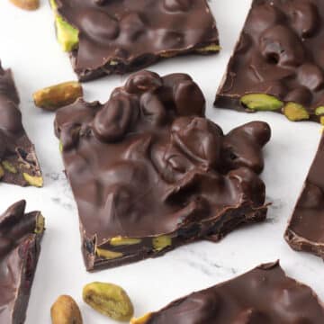 Squares of pistachio cranberry bark.