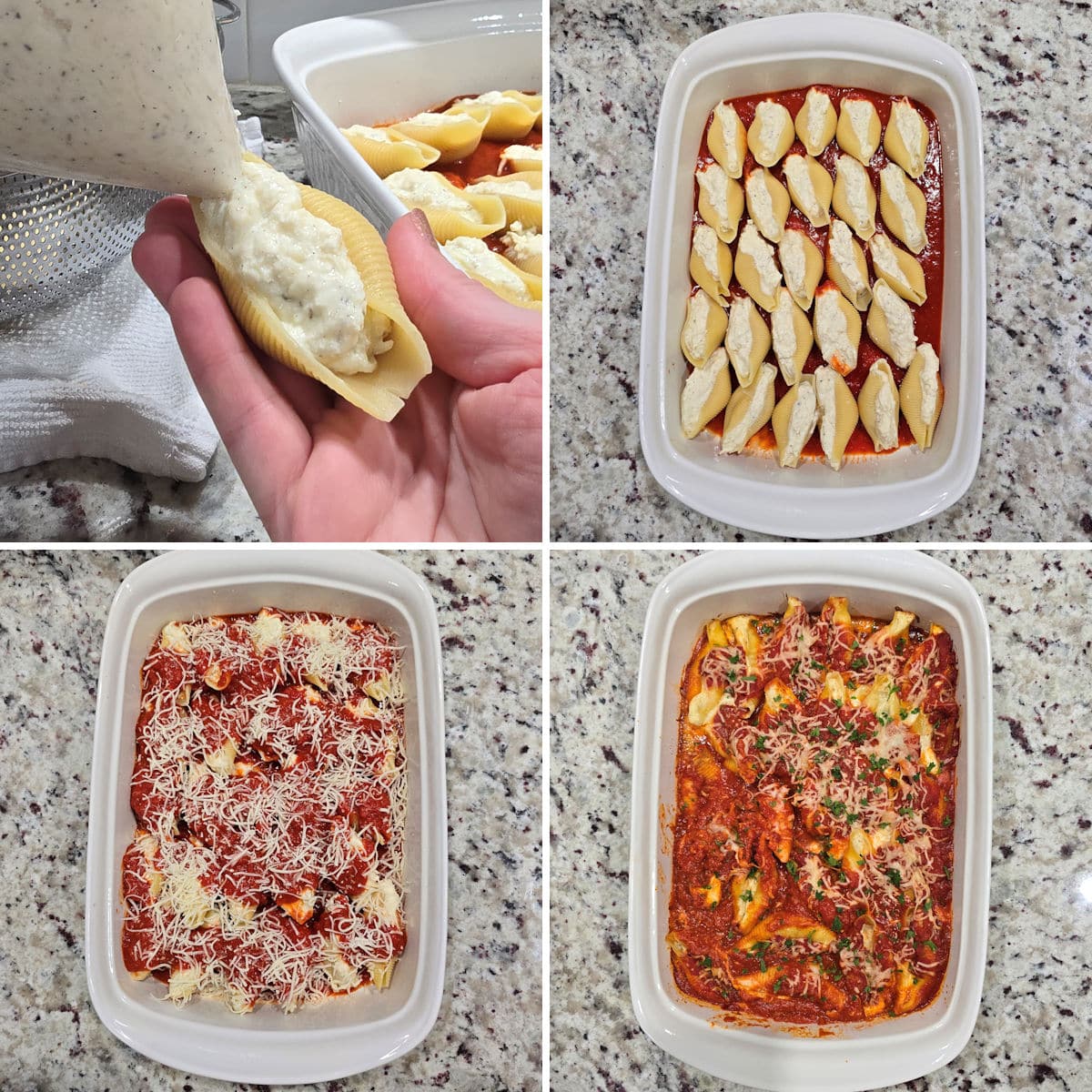 Assembling cheese stuffed shells for baking.