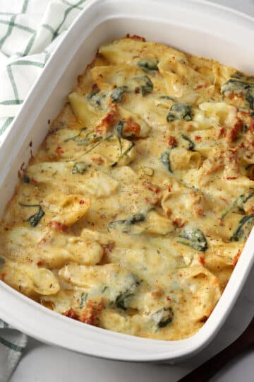 A casserole of stuffed pasta with cream sauce.