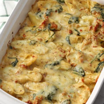 A casserole of stuffed pasta with cream sauce.