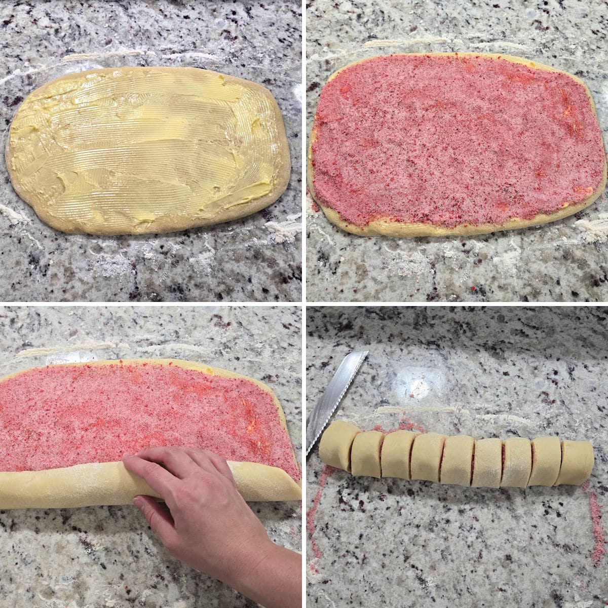 Assembling strawberry sweet rolls.
