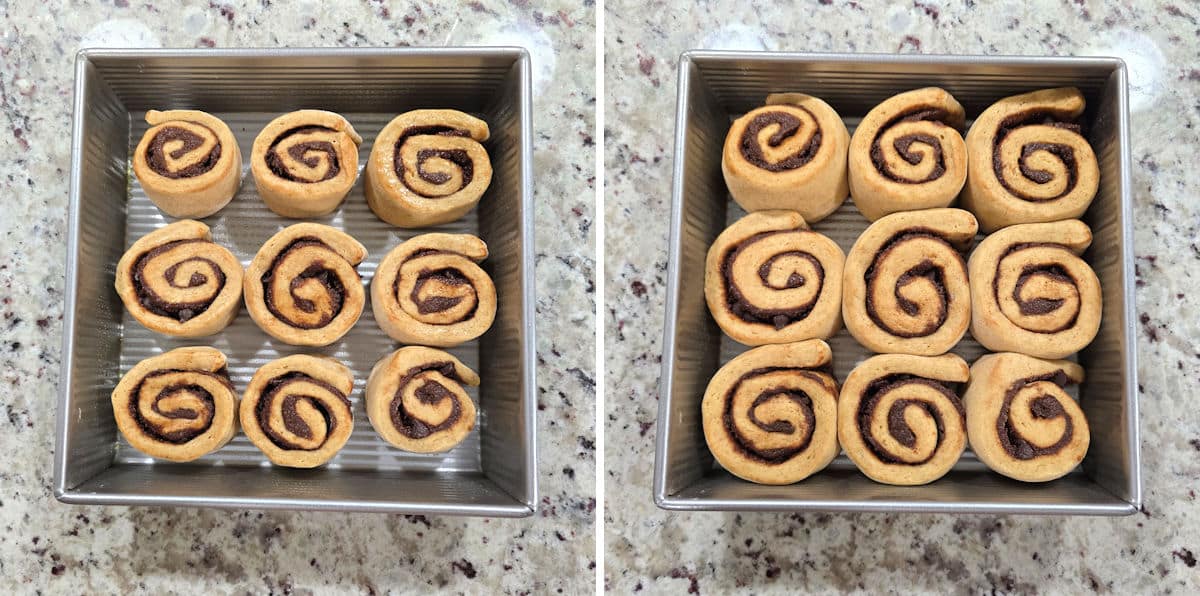 Before and after showing cinnamon rolls allowed to rise.