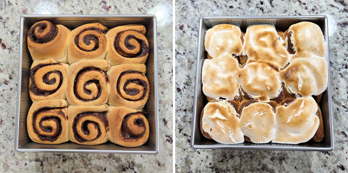 Toasting marshmallow topping on cinnamon rolls.