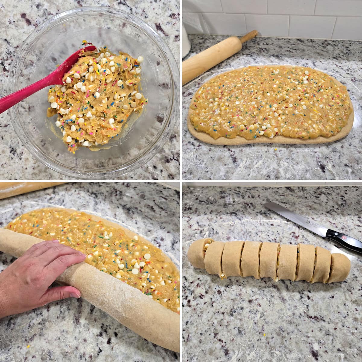 Assembling birthday cookie cinnamon rolls.