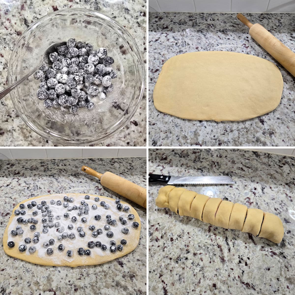 Assembling blueberry streusel cinnamon rolls.