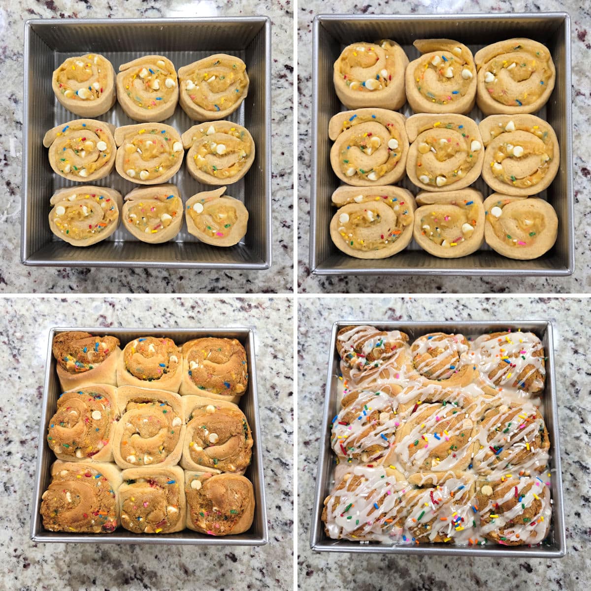 Before and after shots of baked and iced birthday cookie cinnamon rolls.