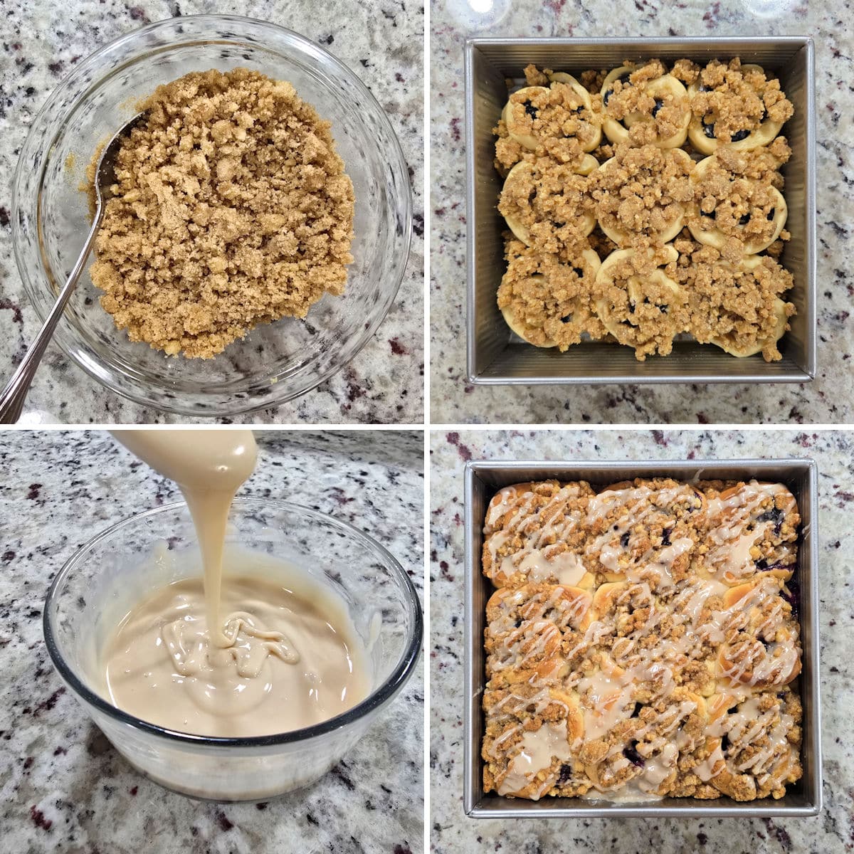 Topping cinnamon rolls with streusel and icing.