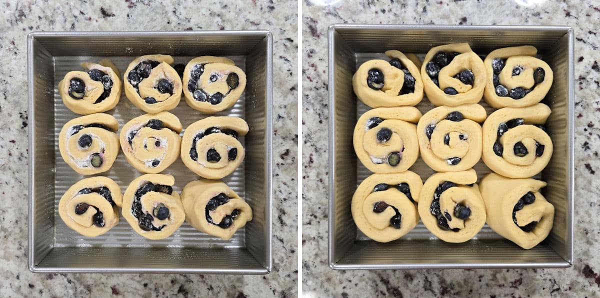 Before and after photos of cinnamon rolls rising.