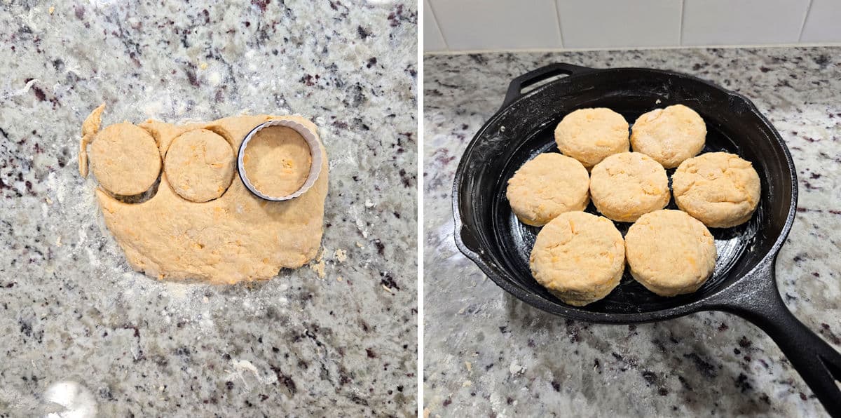 Cutting garlic cheddar biscuits.