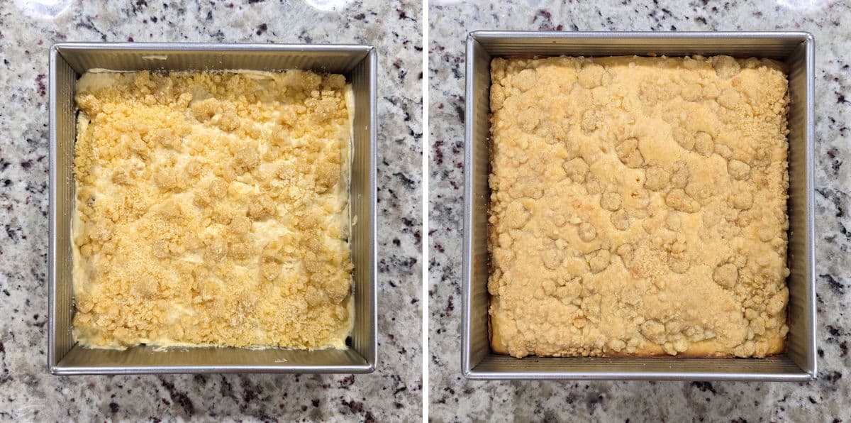 Before and after picture of baked coffee cake.