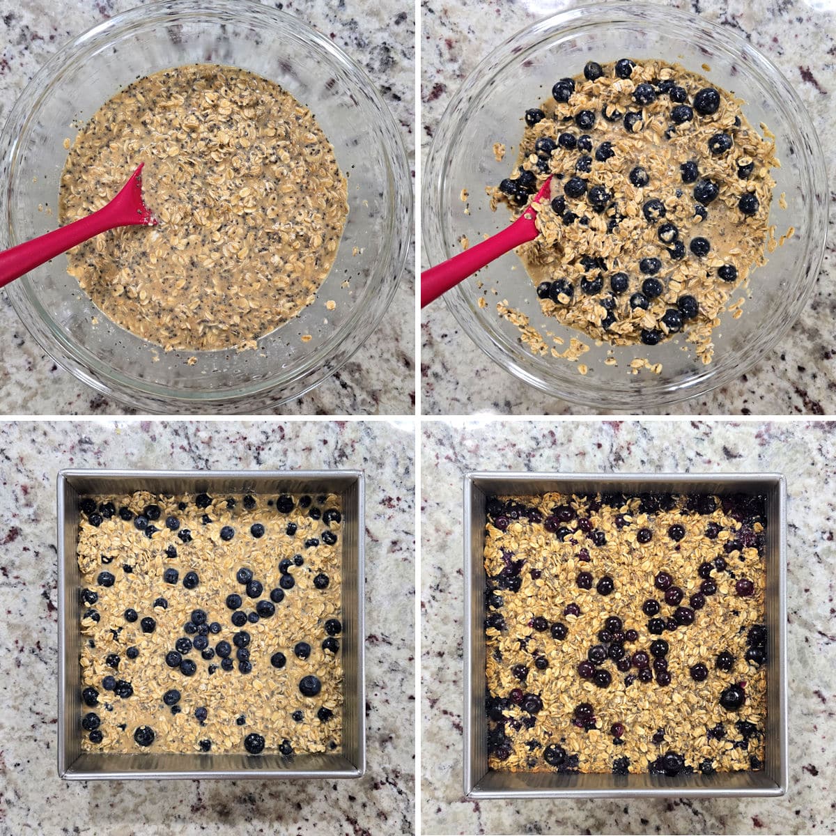 Making blueberry baked oatmeal and baking in a square metal pan.