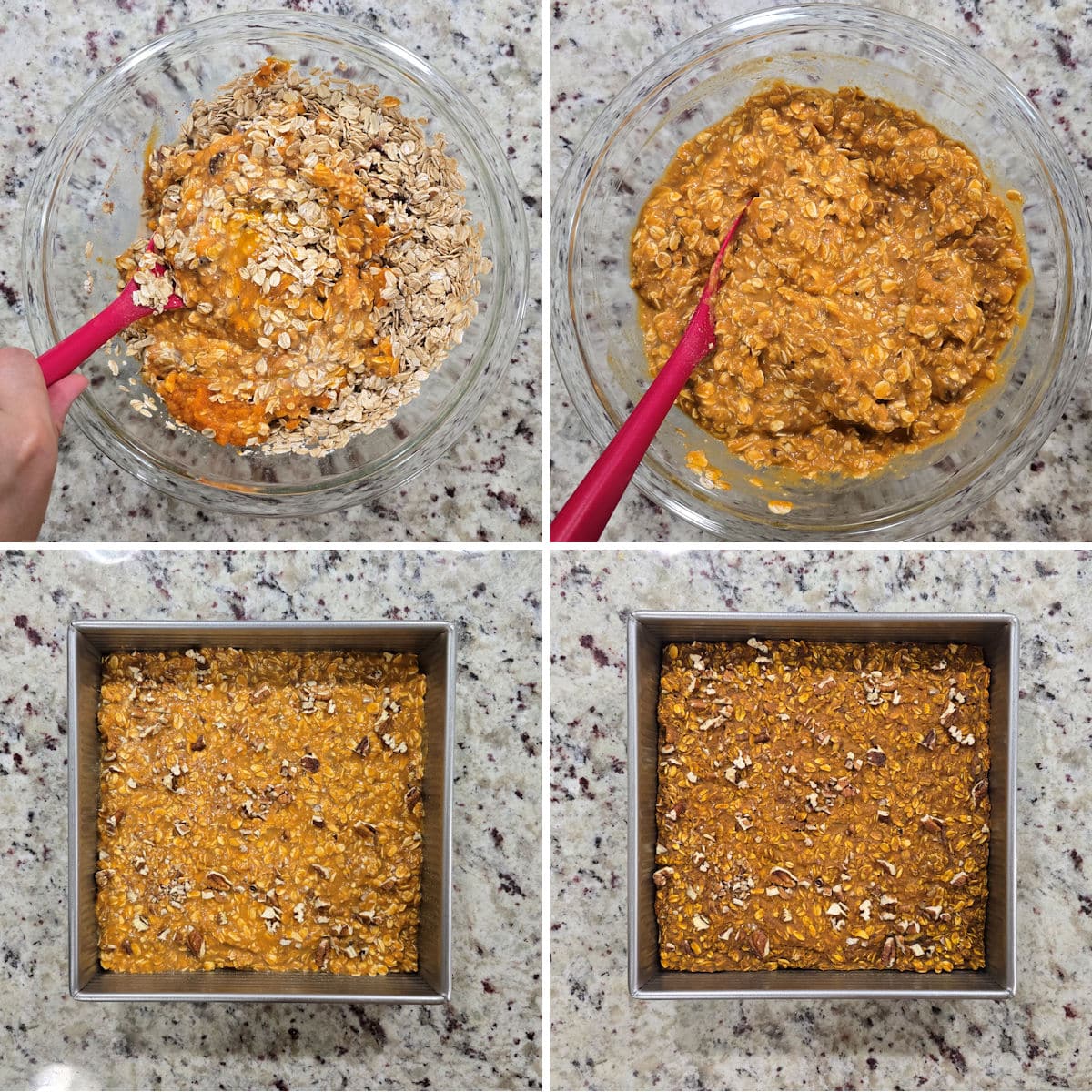 Mixing and baking pumpkin baked oatmeal in a square pan.