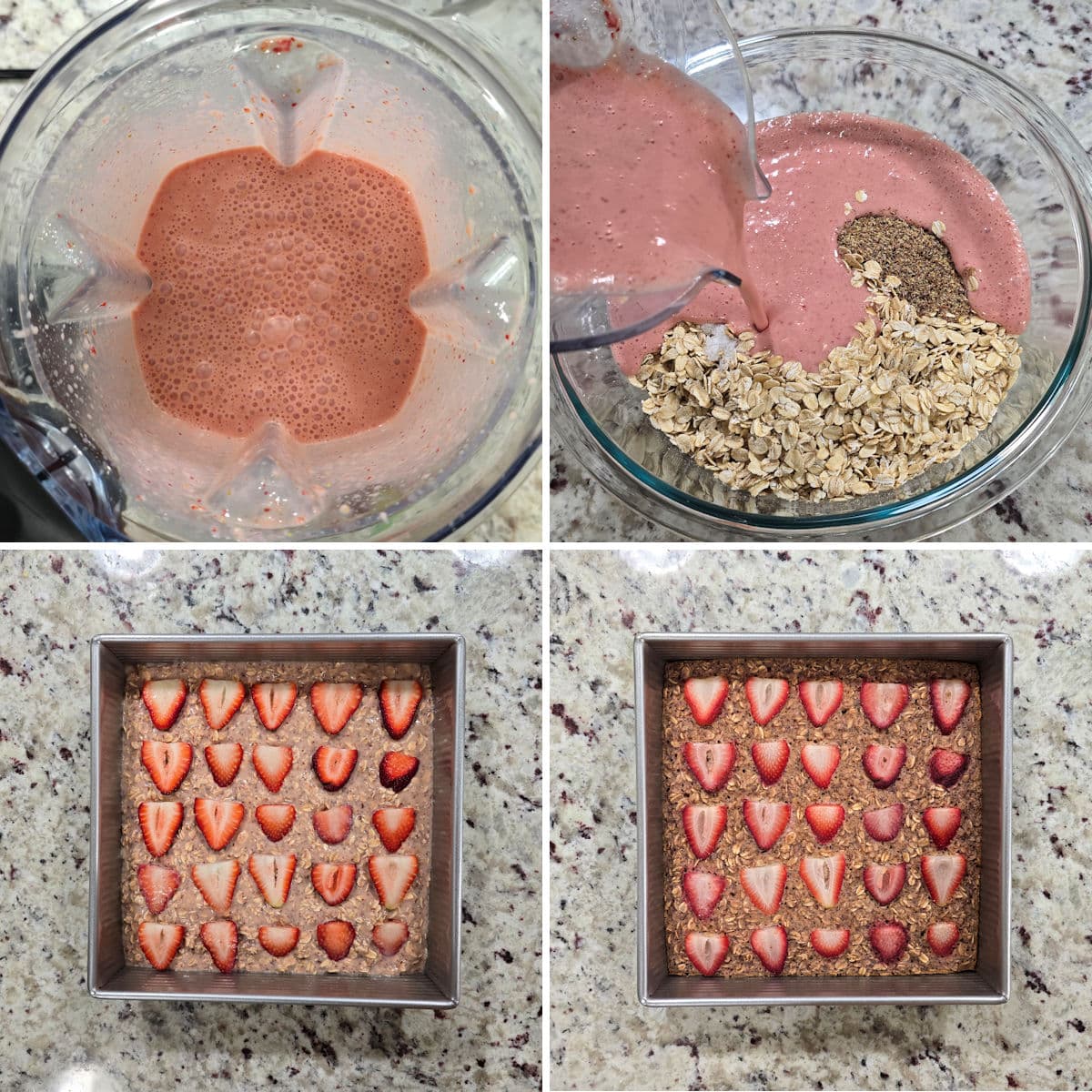 Making strawberry baked oatmeal in a blender, then baking in a square metal pan.