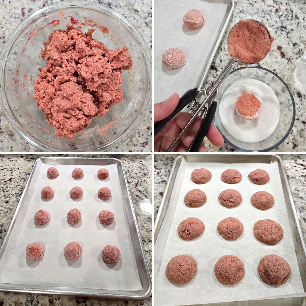 Making strawberry sugar cookies and baking on a metal baking sheet.